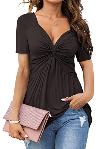 Image of Tankaneo Womens Front Knotted V-Neck Blouse T Shirt Short Sleeve Oversized Tunic Tops Summer Solid Pullover Tees