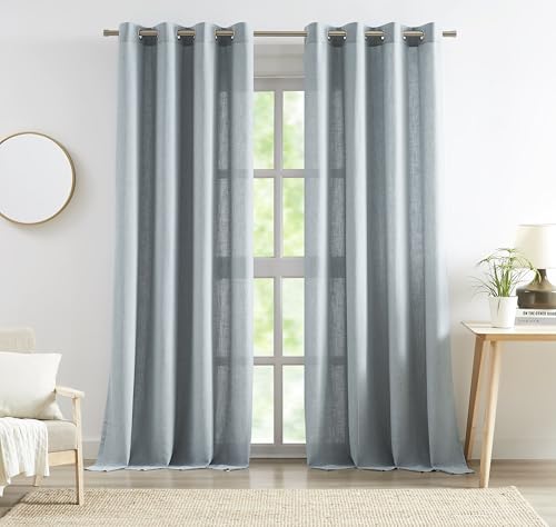 Central Park Mist Blue Semi Sheer Grommet Curtain Linen Blend, 58"Wx108"Lx2
