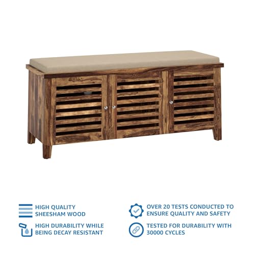 Image of Amazon Brand - Solimo Wigan Solid Sheesham Wood Shoe Rack (Natural Finish, 4 Shelves, 3 Doors)