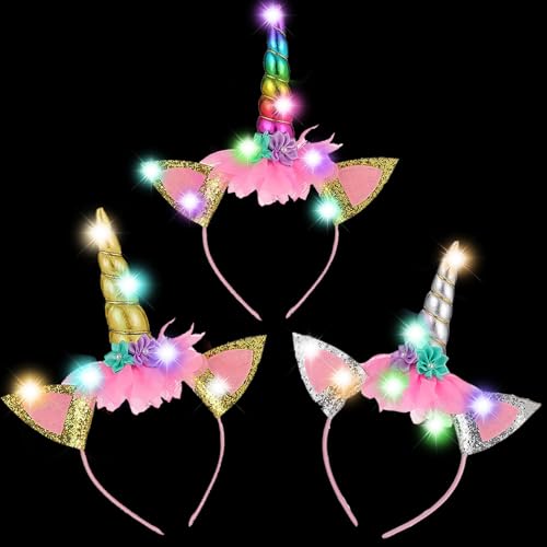 YOUYIKE Serre Tete Licorne 3 Pièces LED Lumineux Serre Tete Licorne Enfant Adulte Fille pour AnniversaireLicorne DéguisementLicorne PinataLicorne Carnaval (B...