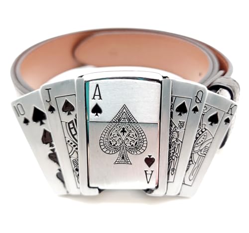 Poker Royal Flush Lighter Belt Buckle w/Heavy Duty 100% Vegan Leather Snap Button Belt