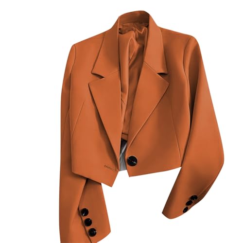 Cropped Blazers for Women UK Open Front Cardigan Dressy Long Sleeve Notch Lapel Jackets Business Casual Office Work Outerwear with Button(Orange, M) sommerpullover Damen Leicht