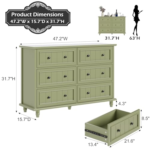 Image of Green 6 Drawer Dresser, Vintage Chest of Drawers, 47.2'' Bedroom Cabinet | Large Capacity, Farmhouse Dresser for Closet, Wood Storage Cabinet, Antique Roman Column Legs, Painted Finish, Easy Assembly