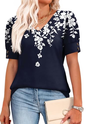 Image of OFEEFAN Womens Tops Short Sleeve Shirts Buttons V Neck Spring Fashion Summer Outfits Plus Size Blouses Dressy Casual