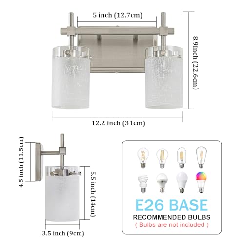 Image of 2-Light Brushed Nickel Vanity Light with White Linen Frosted Glass E26 Socket,Bathroom Light Fixture,Modern Wall Light Over Mirror(Bulbs Not Included)