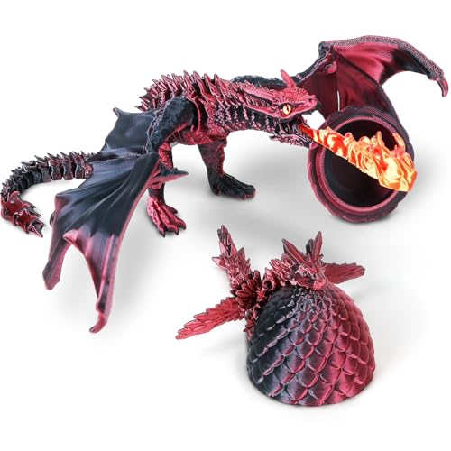 Aodomis 3D Printed Fire-Breathing Dragon Toy with Egg & Hidden Baby – Articulated Crystal Figure, Collectible Fantasy Decor, Unique Gift for Kids, Teens & Dragon Lovers (Black-Red)