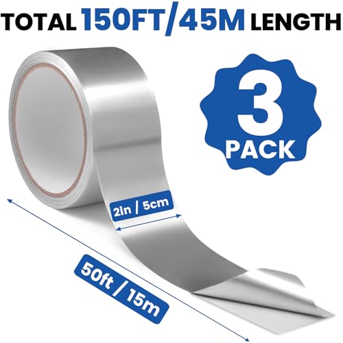 Image of NUITPY 3 Pack Aluminum Foil Tape, 3.9 mil 2 inch x 150 Feet Total Foil Tape, Silver High Temperature Tape, Metal Tapes, Seal HVAC Tape, Insulation Foil Tape for Ductwork, HVAC, Dryer Vent, Seal