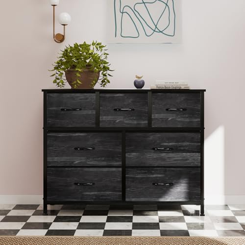Image of OLIXIS 7 Drawers Dresser for Bedroom, Fabric Storage Tower for Living Room, Entryway - Sturdy Steel Frame, Wooden Top and Easy Pull Fabric Bins, Closet Chests Organizer for Clothes,Black Wood Grain