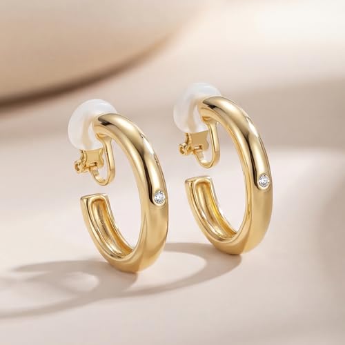 Image of Clip on Earrings for Women, 14K Gold Small Gold Hoop Earrings, Hypoallergenic Non Pierced Hoop Earring for Women