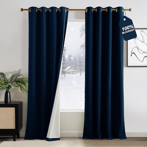 NICETOWN 100% Blackout Navy Blue 90 inch Long Velvet