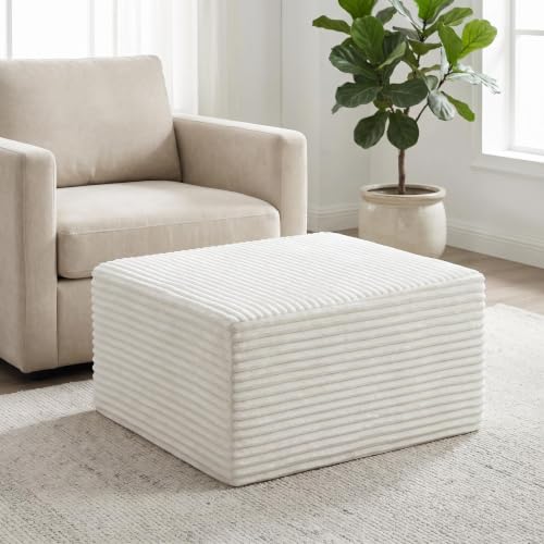 Image of 35.4 inch Corduroy Ottoman Foot Rest with Soft Memory Foam, White | Plush Pouf Compressed Footrest, Floor Foot Stool for Living Room, No Assembly Require