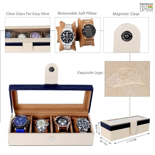 Image of Leather World Faux Leather Watch Box Organizer For Men & Women - Wrist Watch Box Holder 4 Slots - Removable Pillows Display Case - Gift for Loved Ones - Tan