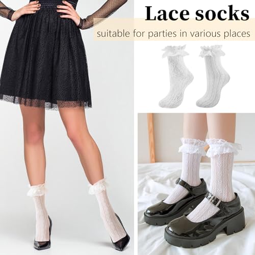 Image of Women Lace Ruffle Socks White Black Frilly Lolita Crew Dress Socks | Womens Ankle Lacy Ruffled Socks Adult Cute Soft Cotton Thin Sexy Mesh Lace Trim 80s Casual Church Socks for Ladies Big Girls