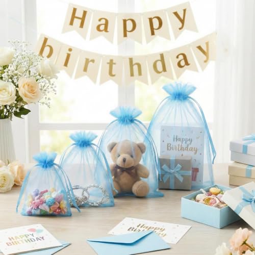 Image of FUNFERY 100PCS Baby Blue Organza Gift Bags 4x6in,Drawstring Jewelry Pouch