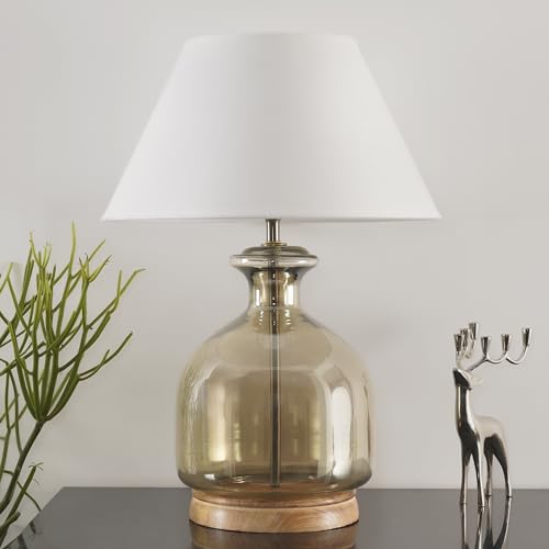 Image of Alper Smoke Luster Glass Table Lamp with Maroon Cotton Shade | Modern Designer Bedside & Living Room Decorative Table Light (Bulb Included)