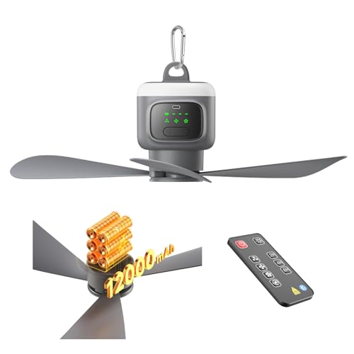 xeamun 18 Inch Canopy Fan,12000mAh Portable Outdoor Ceiling Fan with Light with Remote Control and Hanging Hook, Easy Operation Battery Powered Fan Light for Gazebo, Tent, Patio, Camping