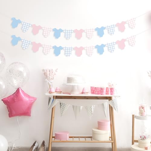 Image of Weysat 2 Pcs Baby Clothes Banner Baby Boys Girls Shower Decorations Pink Blue Bodysuit Clothesline Banner Gender Reveal Birthday Neutral Party Outfit Paper Decor Supplies