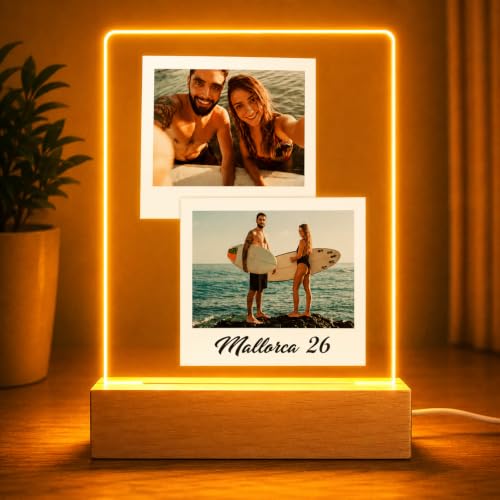 Lampara Personalizada con Foto, Regalos Personalizados para Hombre y Mujer, Placa Metacrilato Luz LED y Base Madera USB, Cuadro Personalizado con Foto, regalo Cumpleaños, Navidad, Boda, Aniversario
