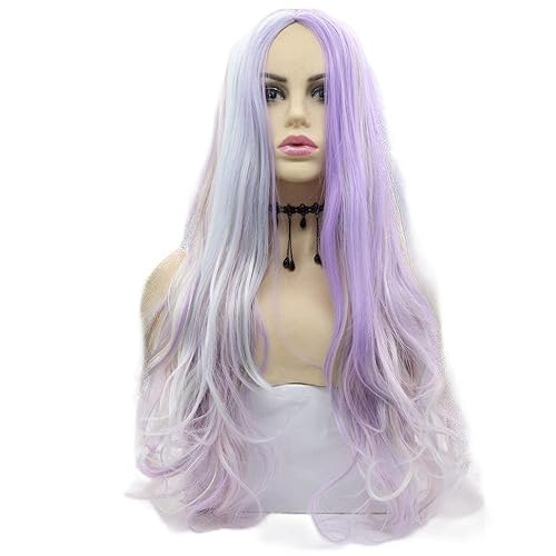 variouswig 24” Rainbow Non-Lace Wig Natural Long Wavy Synthetic Heat-resistant Fiber Wigs Middle Part Multi-color wig for Halloween Unicorn mermaid cosplay for All Occasions