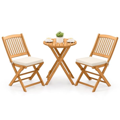 Tangkula 3 Pieces Acacia Wood Patio Folding Bistro Set, Outdoor Table and Chairs Set with Soft Cushions, Patio Furniture Set for Porch, Balcony, Garden, Deck and Backyard