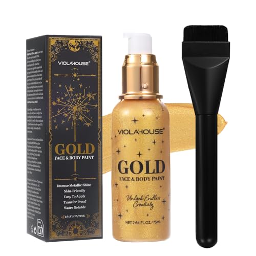viola house Gold Face Body Paint Washable Long-Lasting Highly Pigmented Water Based Full Body Paint for Halloween Carnival Stage SFX Special Effects Cosplay Makeup 2.64Fl.Oz/75 ML (Gold)