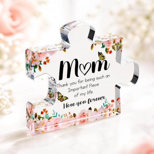 VELENTI Cute Acrylic Puzzle Piece Gift for Mom – Adorable Mother’s Day, Christmas & Birthday Present – Engraved Keepsake from Son or Daughter – Premium 3D Decorative Home Display for Mom