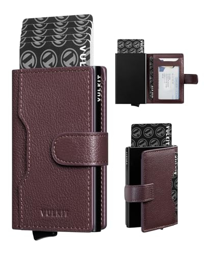 Image of VULKIT Slim Bifold Pop up Wallet Minimalist Leather Card Holder RFID Blocking Metal Card Case with ID Window for Women | with Leather Slots