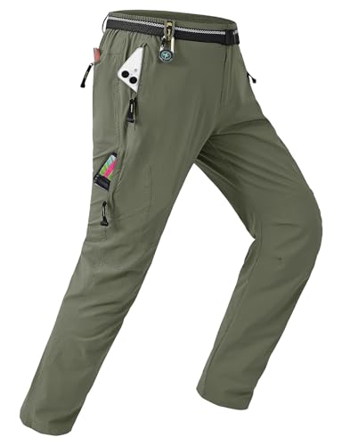 TBMPOY Men's Lightweight Hiking Pants with Belt 5 Zip Pockets Waterproof Quick-Dry Travel Fishing Work Outdoor Pants Thin Sage Green XXL