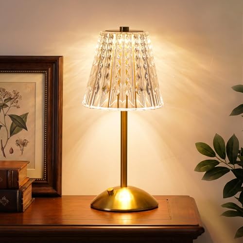 Nusogon Cordless Touch Table Lamp Classic Edition Rechargeable Small Desk Lamp 3 Color Dimmable Crystal Lamp for Bedroom Restaurant Kitchen & Home Decor Gold