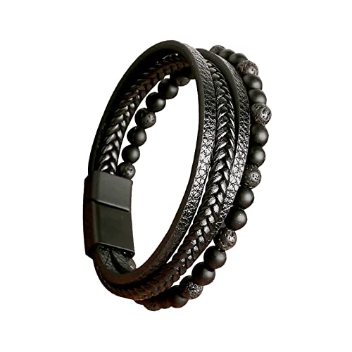 Arcutina Men's Black Leather Multi-Strand Bracelet Casual Brown Braided Bracelet (Multi-layer with Beaded, Length 7.5'')