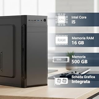 PC Fisso Completo - Computer Desktop Intel Core i5-14400 • RAM 16GB DDR4 • SSD 500GB M.2 • Grafica Intel UHD 730 • Wi-Fi AC e Bluetooth • Masterizzatore DVD • HDMI • USB 3.0 • Windows 11 Pro