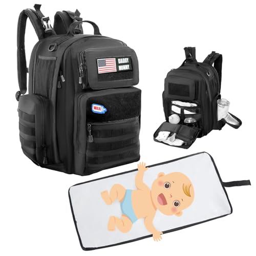 Image of MABOZOO Diaper Bag Backpack for Dad, Black Military Diaper Bag Backpack with Waterproof Changing Pad,Large Mens Baby Bag,Unisex Molle Style Baby Backpack Bag