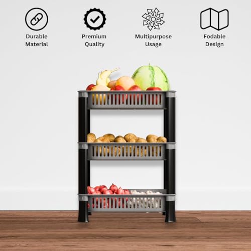 Image of Multipurpose Plastic Storage Rack for Kitchen | Foldable Vegetable & Fruit Organizer Stand for Onion, Potato, Sabji | Countertop Multi-Layer Basket Rack for Home, (Silver, 3 layer)