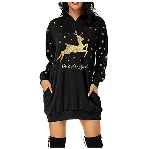 Zkuisw Christmas Dresses For Women 2022 Casual Plus Size Novelty Xmas Print Long Sleeve Hooded Mini Sweatshirt Dress With Pockets #TOP6