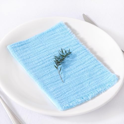 Image of MLMC 6 Pack Baby Blue Cloth Napkins with Fringe Boho Linen Napkins Washable Reusable Rustic Dinner Table Decor 17 inchx17 inch for Wedding Party Bridal Baby Shower Gender Reveal Decor