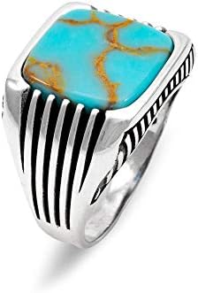 Chicotta Men's 925 Stamped Sterling Silver Ring with Large Rounded Square Stabilized Antique Turquoise Gemstone and Stripes on The Sides (13)