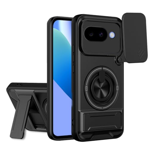 Image of AESTMO Google Pixel 10A 5G Back Cover | Armor Camera Slider 360 Degree Rotating Finger Ring Holder Case with Bracket Stand Back Case Cover (Compatible with MagSafe Accessories) (Black)