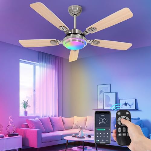 OUTON 52" Ceiling Fan with Light, Remote & APP Control, Low Profile RGB Ceiling Fans Light, Reversible, 6 Speeds, 3000-6500K Stepless Dimming, Modern Ceiling Fan for Bedroom Indoor/Outdoor Use Wood by OUTON - Image 8