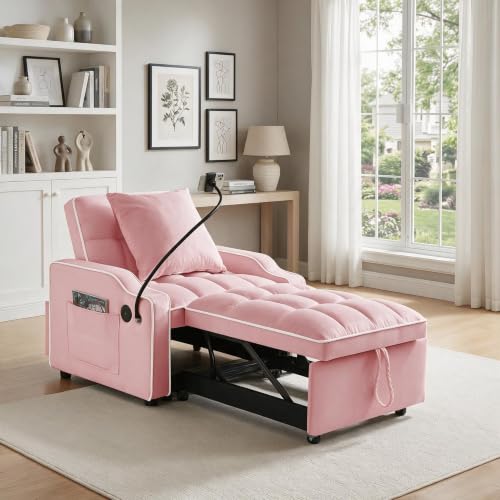 Trygoal Single Sleeper Chair with USB Port, 3 In1 Pull Out Sofa Bed, Pink