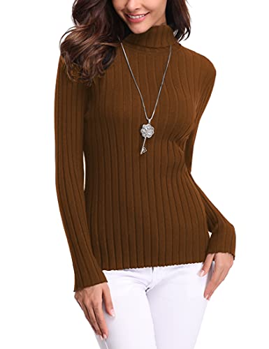 Jersey de Cuello Alto para Mujer Suéter de Punto Suéter Sólido Ligero Jersey de Básico Suave Elástico Marrón L Cover