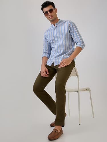 Image of Raymond Men Slim Fit Solid Pattern Cotton Elastane Blend Flat Front Casual Trouser