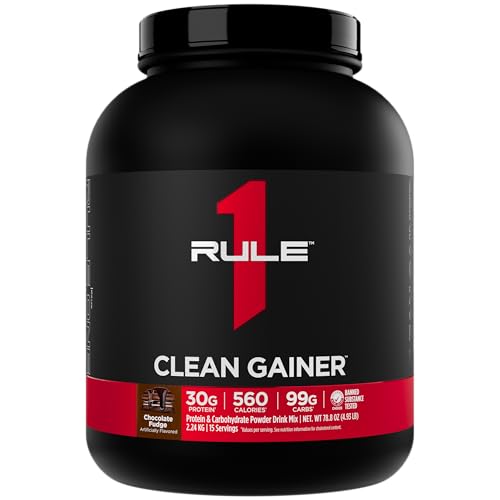 Rule 1 Clean Gainer - High-Protein Lean Gain Formula with 560 Calories, 30g of Full-Spectrum Protein, Over 90g Carbs, Under 6g of Fat (15 Servings, Chocolate Fudge)