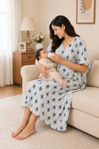 Image of Noty Women's- Kaftan | Maxi | Maternity | Feeding | Delivery Gown- Cotton Fabric- V Neck | Floral Print | 2 Pockets | Midi