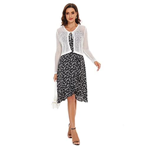 Xunzrln Women's Long Sleeve Tie Open Front Bolero Shrug Lightweight Knit Hollow Out Cropped Cardigan #TOP1