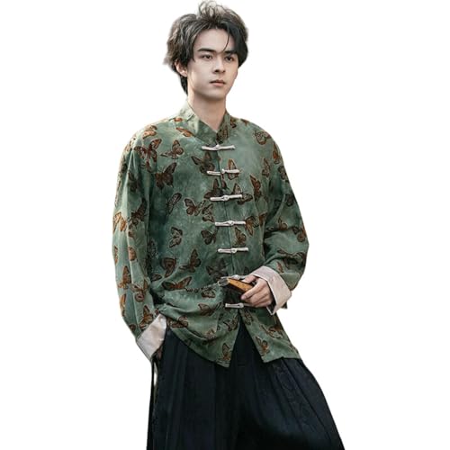 Chemise en lin mélangé imprimé grenouille style Guochao pour homme