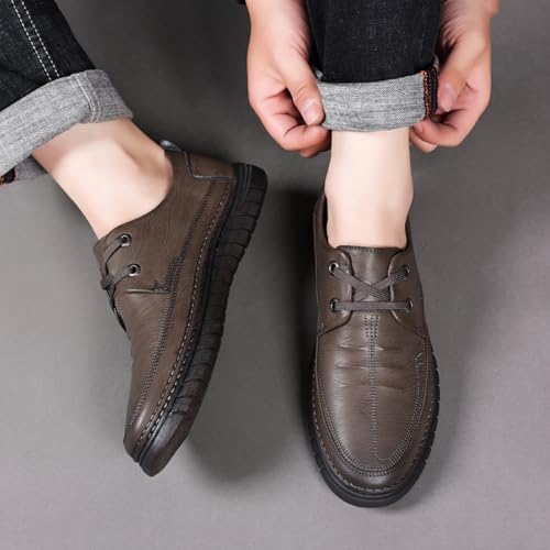 Mens Handmade Leather Lace Up Flats Oxford Shoes Casual Lightweight Low Top Non-Slip Round Toe Walking Driving Loafers Shoes Khaki Black4
