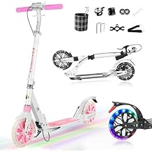 Kick Scooter with Light-Up Wheels, 8" Big Wheels Scooters for Kids, Teen & Adults, Max Load 300 LBS. 4 Adjustable Height, Non-Slip Deck, Lightweight 2 Wheel Folding Scooter for Girls Boys