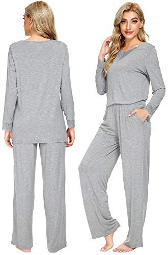 Wiwi Bamboo Soft Pajamas Sets For Women Long Sleeve Sleepwear Lace V Neck Top With Pants Plus Size Loungewear S-4X, Heather Grey, 4X #TOP1
