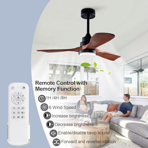 Image of 42 Inch Outdoor Ceiling Fans with Lights and Remote Control, Dimmable Outdoor Ceiling Fans for Patios 3 Blade Wood Black Walnut Bedroom Ceiling Fan with Light, Wall Switch
