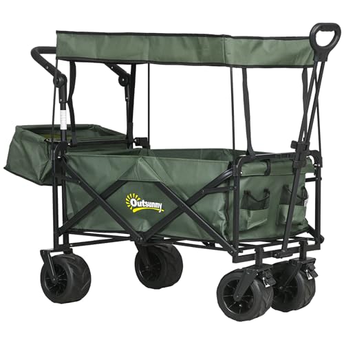 Outsunny Folding Trolley Cart Storage Wagon Beach Trailer 4 Wheels with Handle Overhead Canopy Cart Push Pull For Shopping Camping, Green